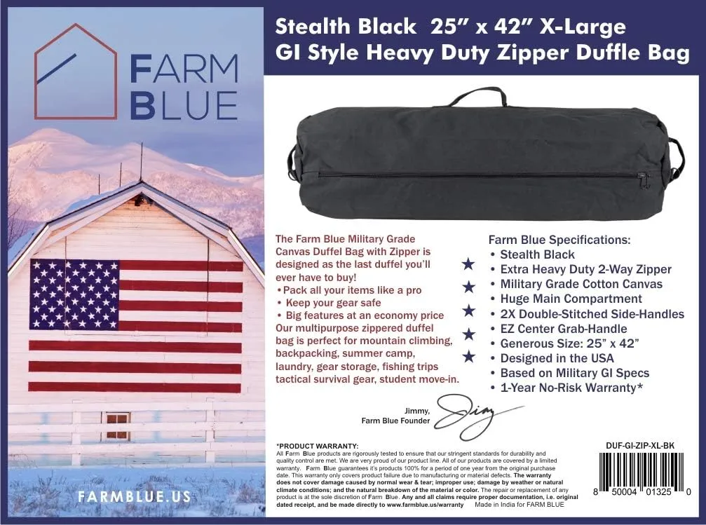 Farm Blue GI Style Zipper Duffel Bag Black - XL Heavy Duty Army Duffle Bags - Military Grade Cotton Canvas Duffle Bag - Reinforced Camping Bag - Strong Zipper & Center Grab Handle (Black, XL)