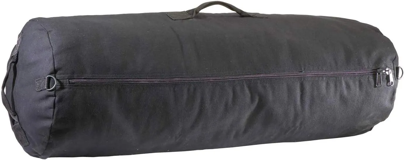 Farm Blue GI Style Zipper Duffel Bag Black - XL Heavy Duty Army Duffle Bags - Military Grade Cotton Canvas Duffle Bag - Reinforced Camping Bag - Strong Zipper & Center Grab Handle (Black, XL)