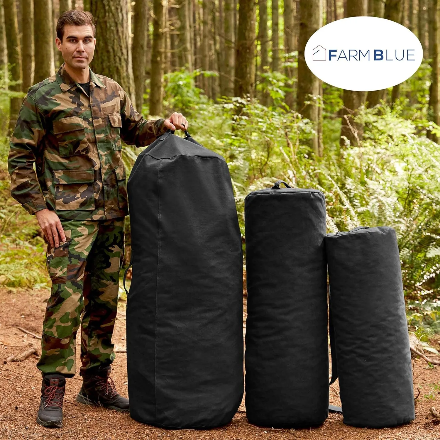 Farm Blue GI Style Zipper Duffel Bag Black - XL Heavy Duty Army Duffle Bags - Military Grade Cotton Canvas Duffle Bag - Reinforced Camping Bag - Strong Zipper & Center Grab Handle (Black, XL)
