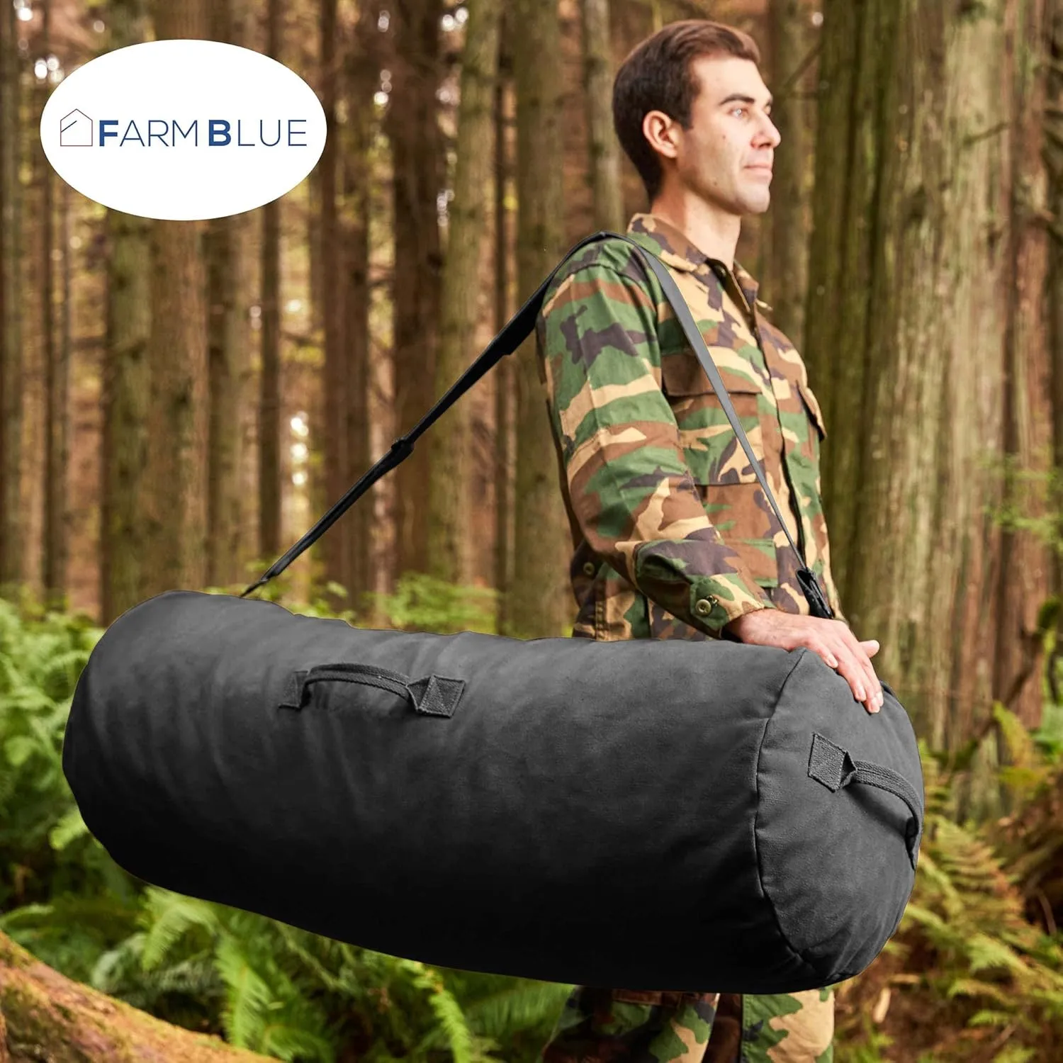 Farm Blue GI Style Zipper Duffel Bag Black - XL Heavy Duty Army Duffle Bags - Military Grade Cotton Canvas Duffle Bag - Reinforced Camping Bag - Strong Zipper & Center Grab Handle (Black, XL)