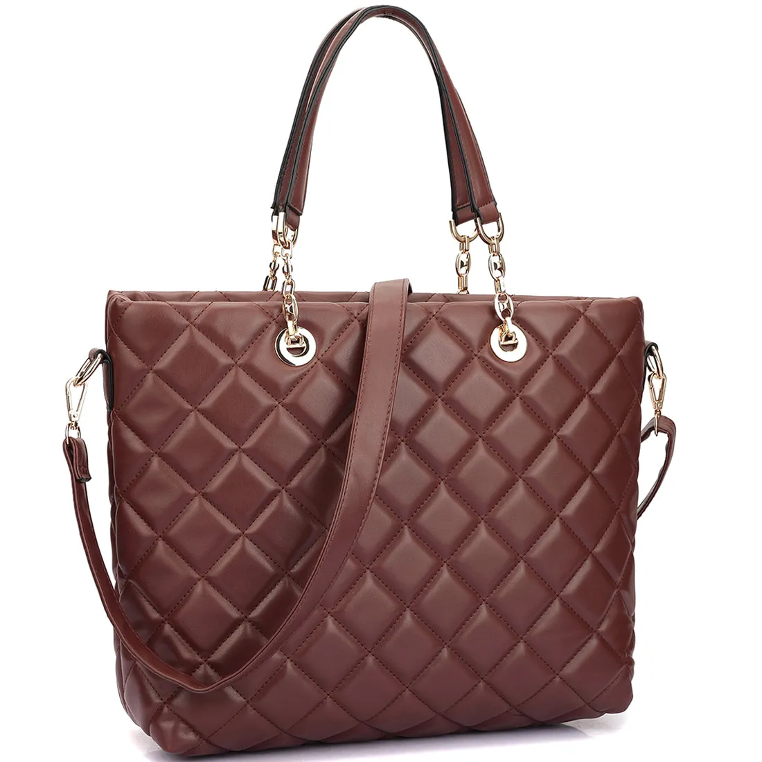 Faux Leather Quilted Tote Bag with Chained Handles