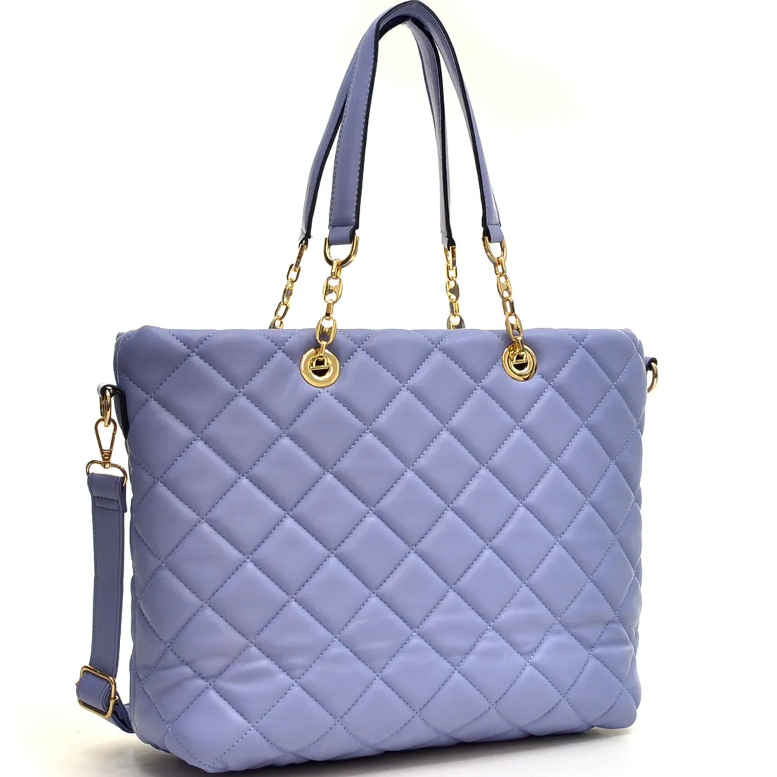Faux Leather Quilted Tote Bag with Chained Handles