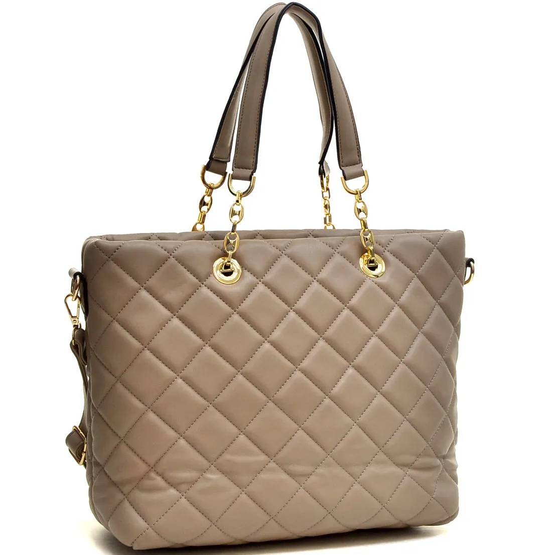 Faux Leather Quilted Tote Bag with Chained Handles
