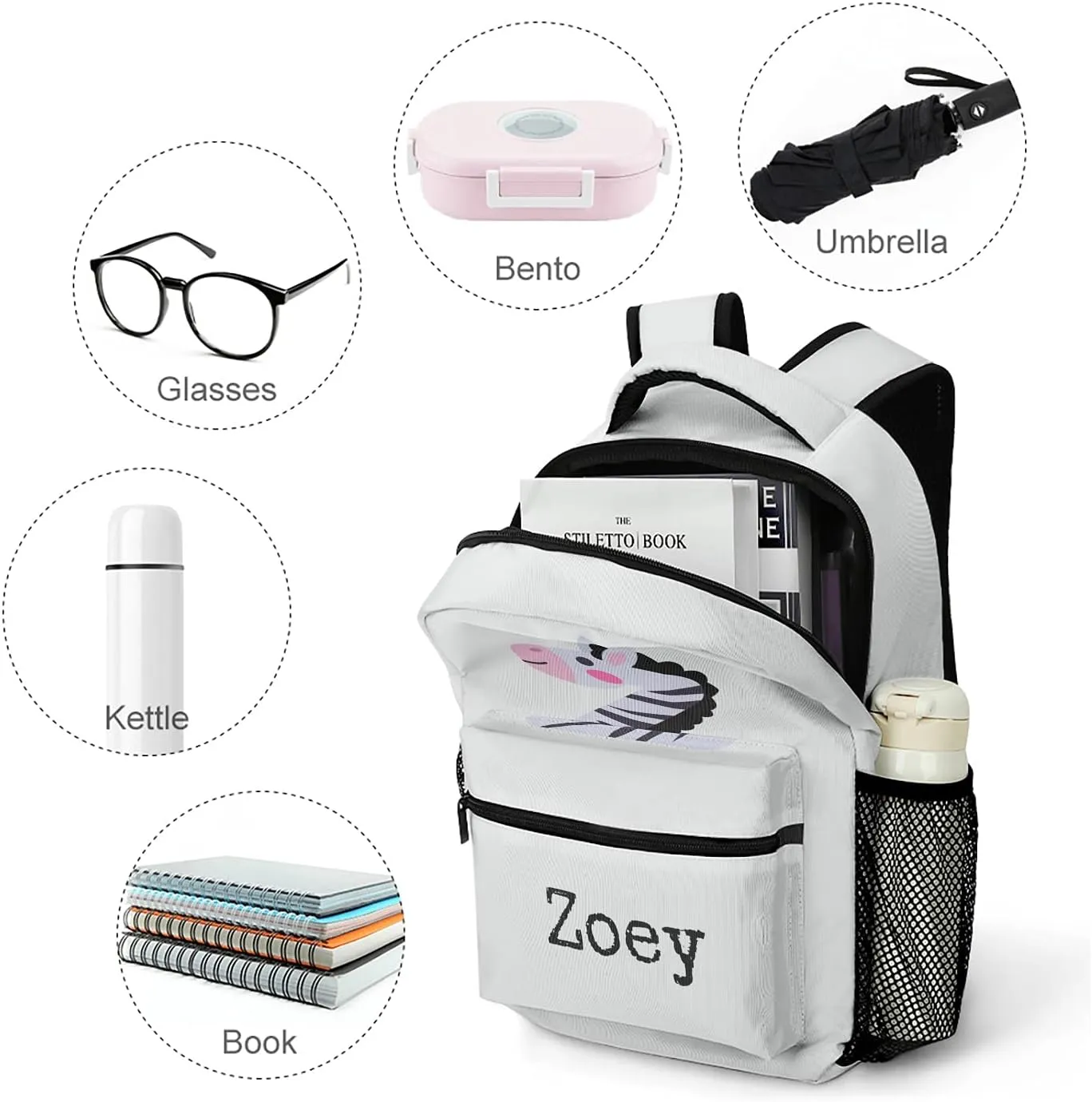 Flat Cartoon Alphabet Custom Kids Backpack, Personalized Student School Bags for Boys & Girls, Bookbags with Adjustable Strapfor Travel