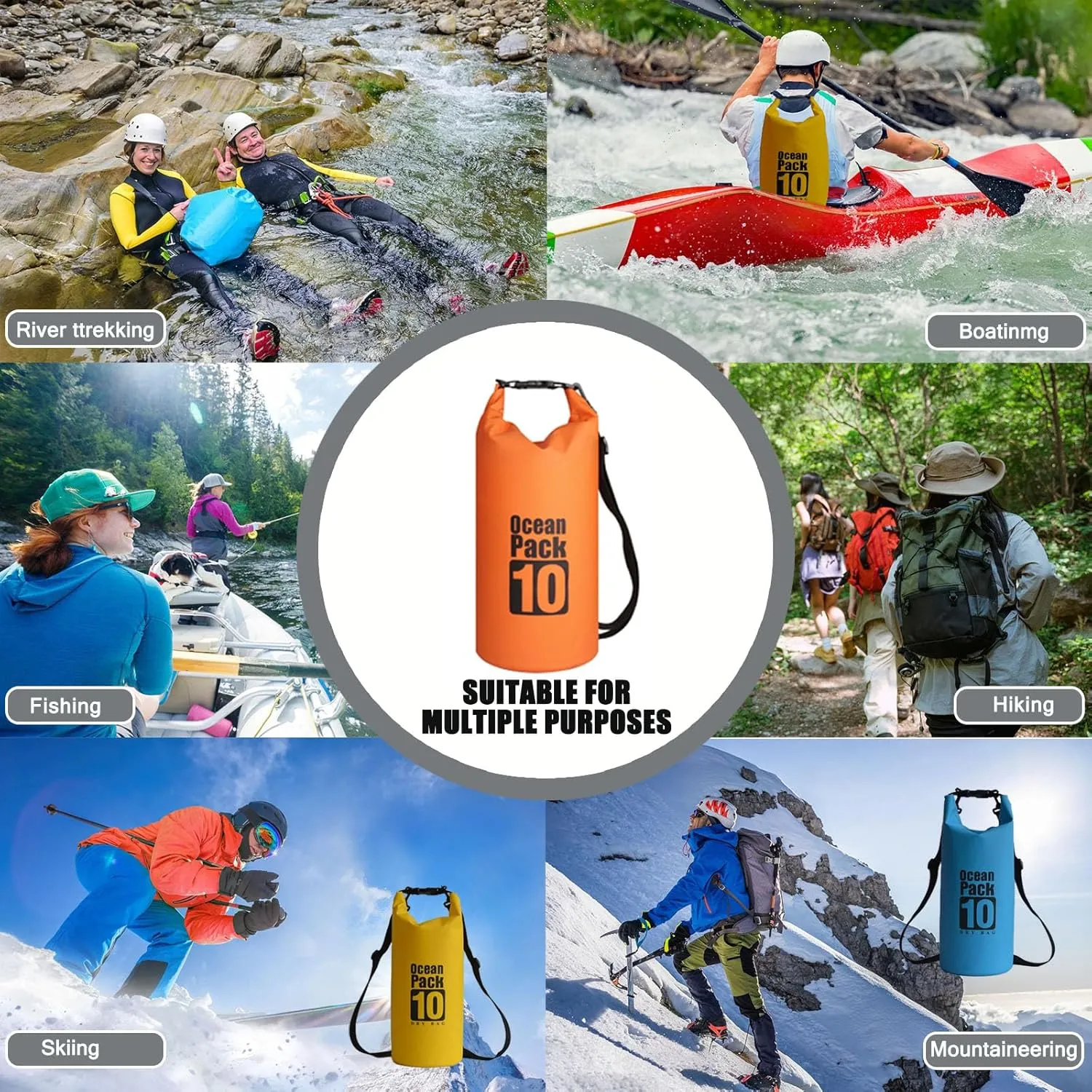Floating Waterproof Dry Bag Backpack 5L/10L/20L, Roll Top Bag for Kayaking, Rafting, Boating, Swimming, Camping, Hiking, Beach, Fishing, Waterproof Beach Bag. (Orange, 10L)