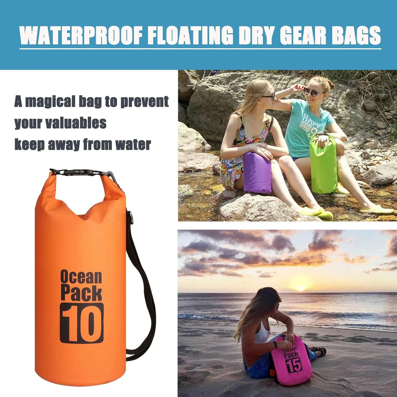 Floating Waterproof Dry Bag Backpack 5L/10L/20L, Roll Top Bag for Kayaking, Rafting, Boating, Swimming, Camping, Hiking, Beach, Fishing, Waterproof Beach Bag. (Orange, 10L)