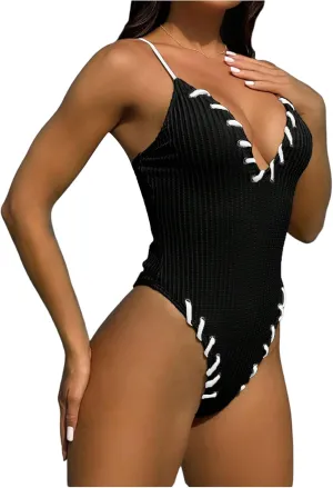 Floerns Women's Criss Cross One Piece Swimsuit Contrast Binding Ribbed Bathing Suit