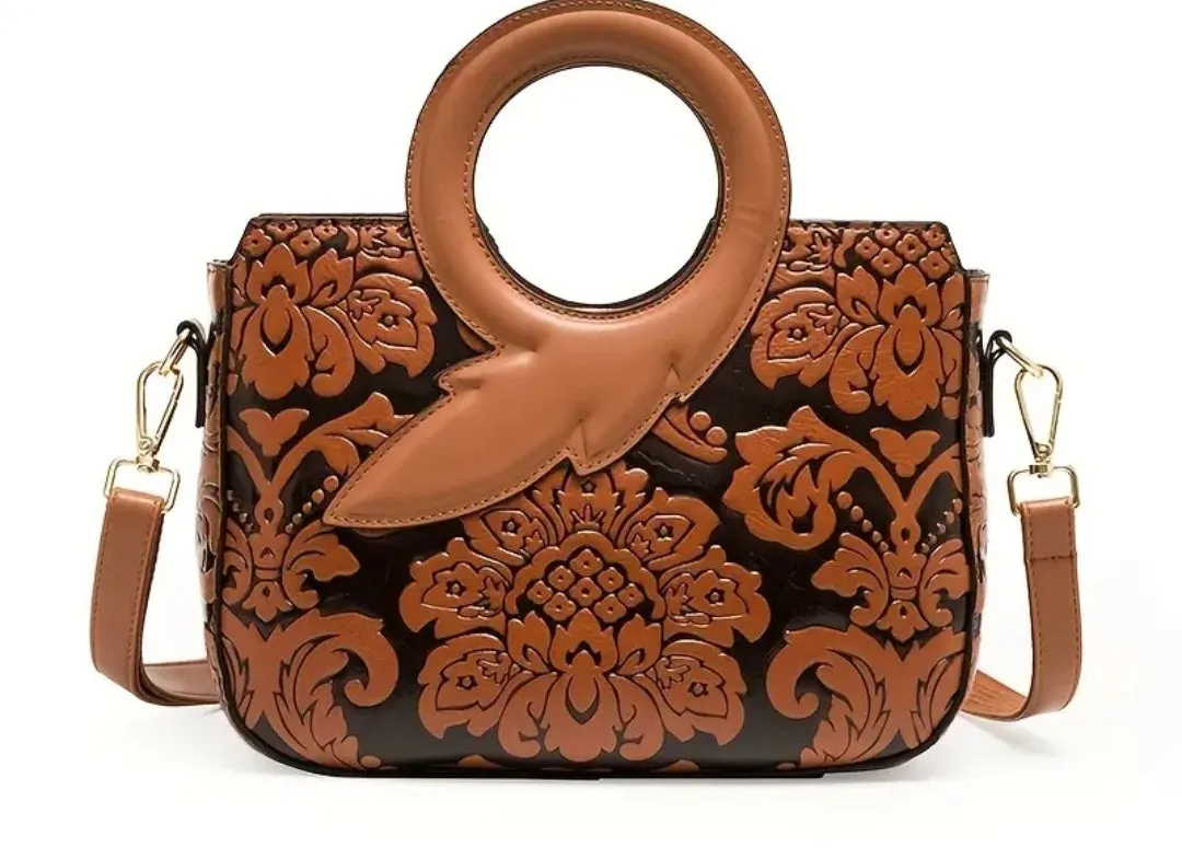 Flower Pattern Satchel Crossbody Bag, PU Leather Textured Bag Purse, Classic Versatile Fashion Shoulder Bag