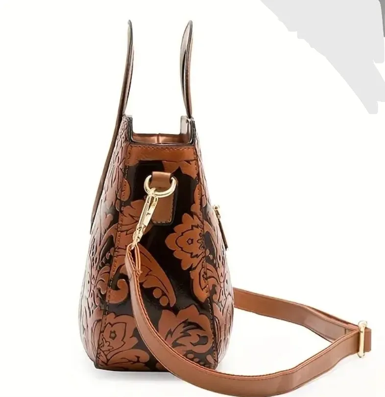 Flower Pattern Satchel Crossbody Bag, PU Leather Textured Bag Purse, Classic Versatile Fashion Shoulder Bag