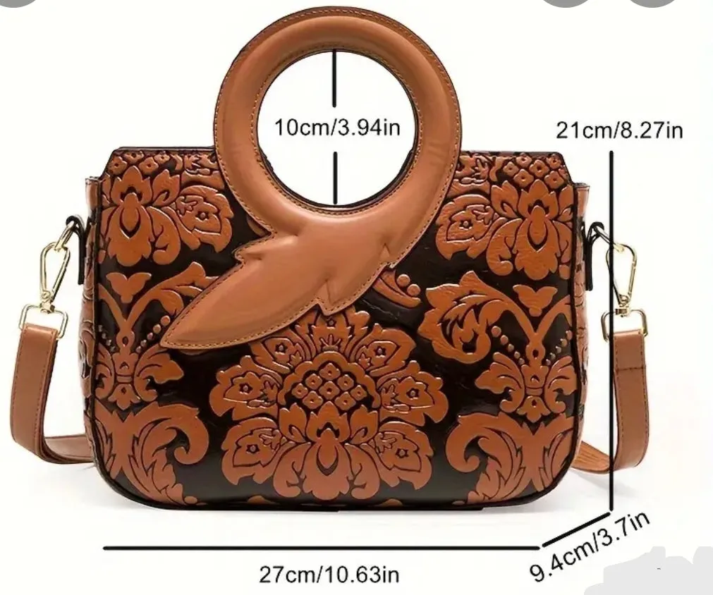 Flower Pattern Satchel Crossbody Bag, PU Leather Textured Bag Purse, Classic Versatile Fashion Shoulder Bag