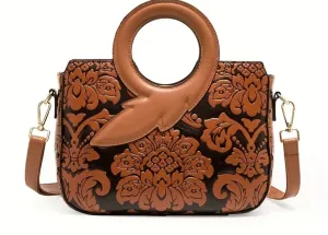 Flower Pattern Satchel Crossbody Bag, PU Leather Textured Bag Purse, Classic Versatile Fashion Shoulder Bag