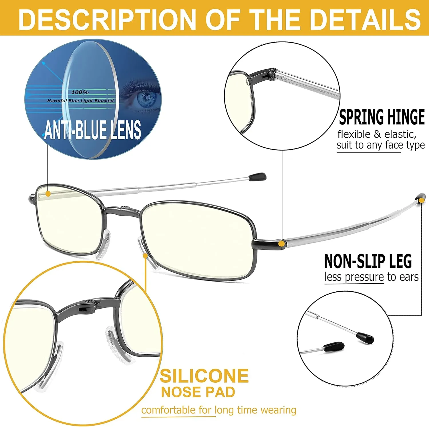 Folding Reading Glasses Blue Light Blocking, Soft Nose Pad Spring Hinge Portable Thin Readers for Men Women 3 Pack