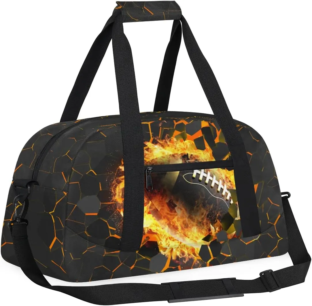 Football Fire Kids Duffel Bag for Boys, Sports Gym Bag Overnight Travel Weekender Bag Lightweight Carry On Sleepovers Bag for School Practice Gymnastics