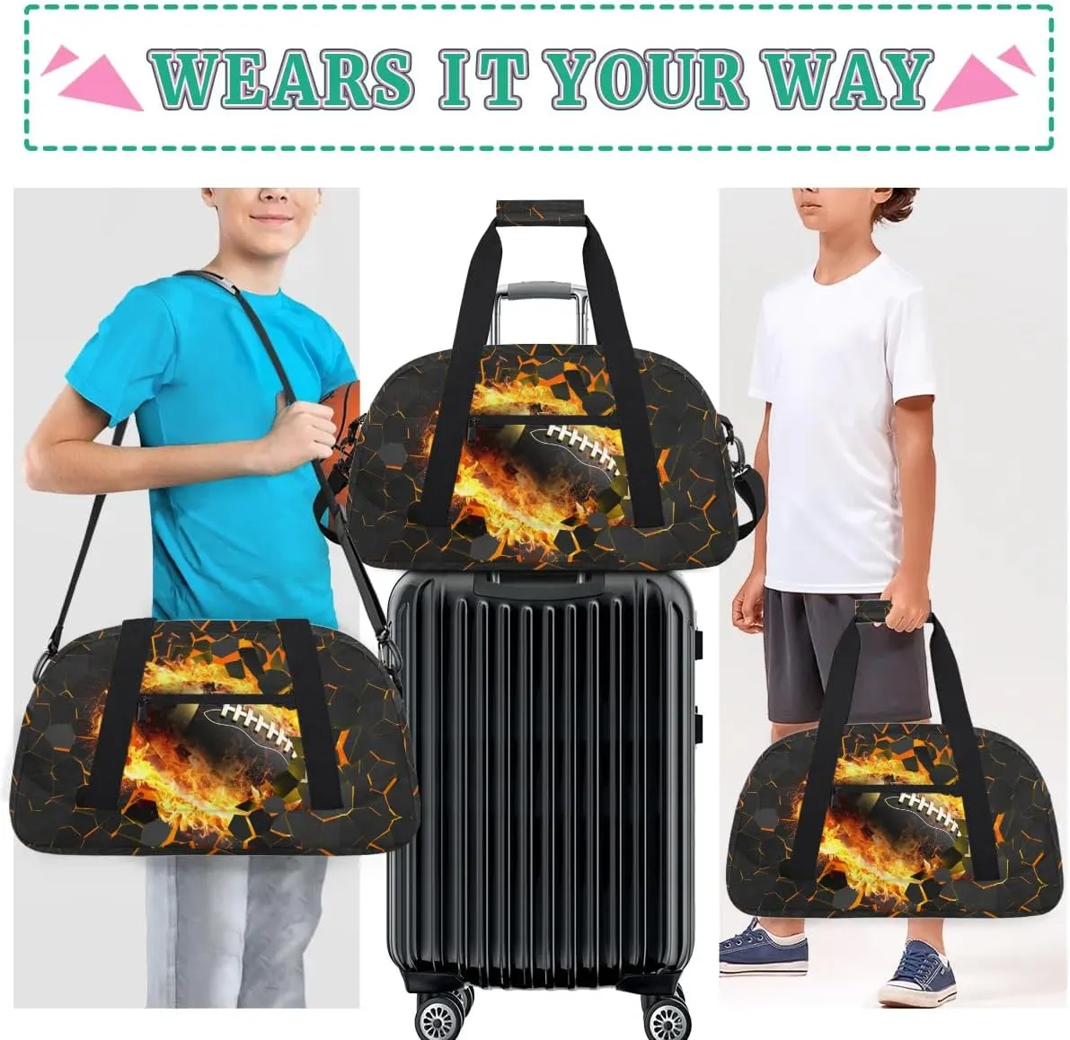 Football Fire Kids Duffel Bag for Boys, Sports Gym Bag Overnight Travel Weekender Bag Lightweight Carry On Sleepovers Bag for School Practice Gymnastics
