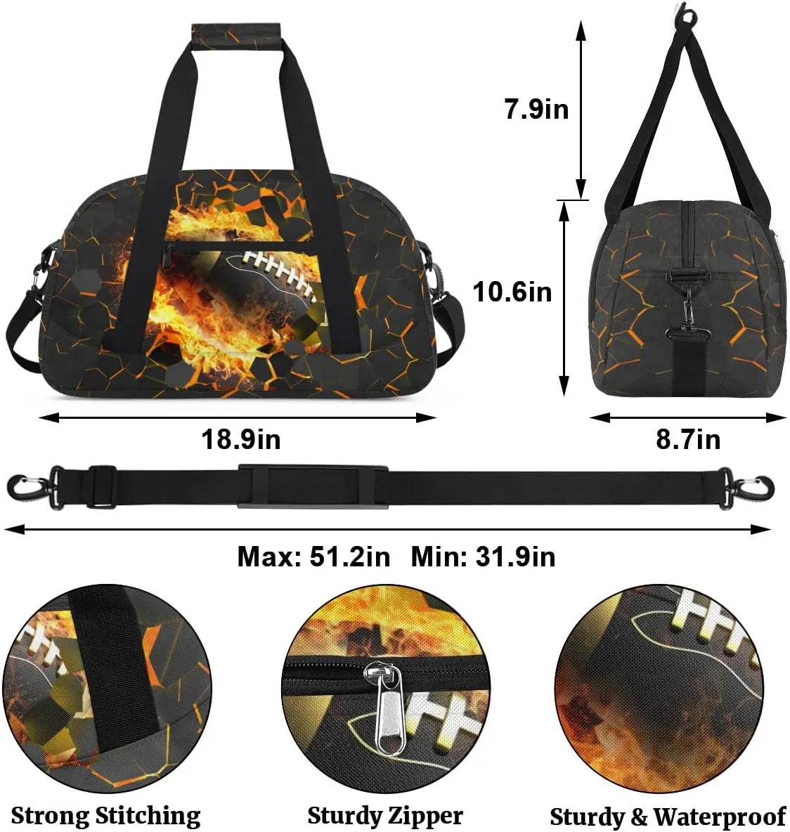 Football Fire Kids Duffel Bag for Boys, Sports Gym Bag Overnight Travel Weekender Bag Lightweight Carry On Sleepovers Bag for School Practice Gymnastics