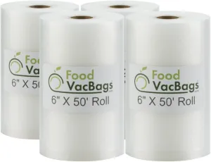 Four 6" X 50' Rolls of FoodVacBags Commercial Grade Vacuum Sealer Bags, FoodSaver Compatible, Sous Vide Cooking Storage Pouches