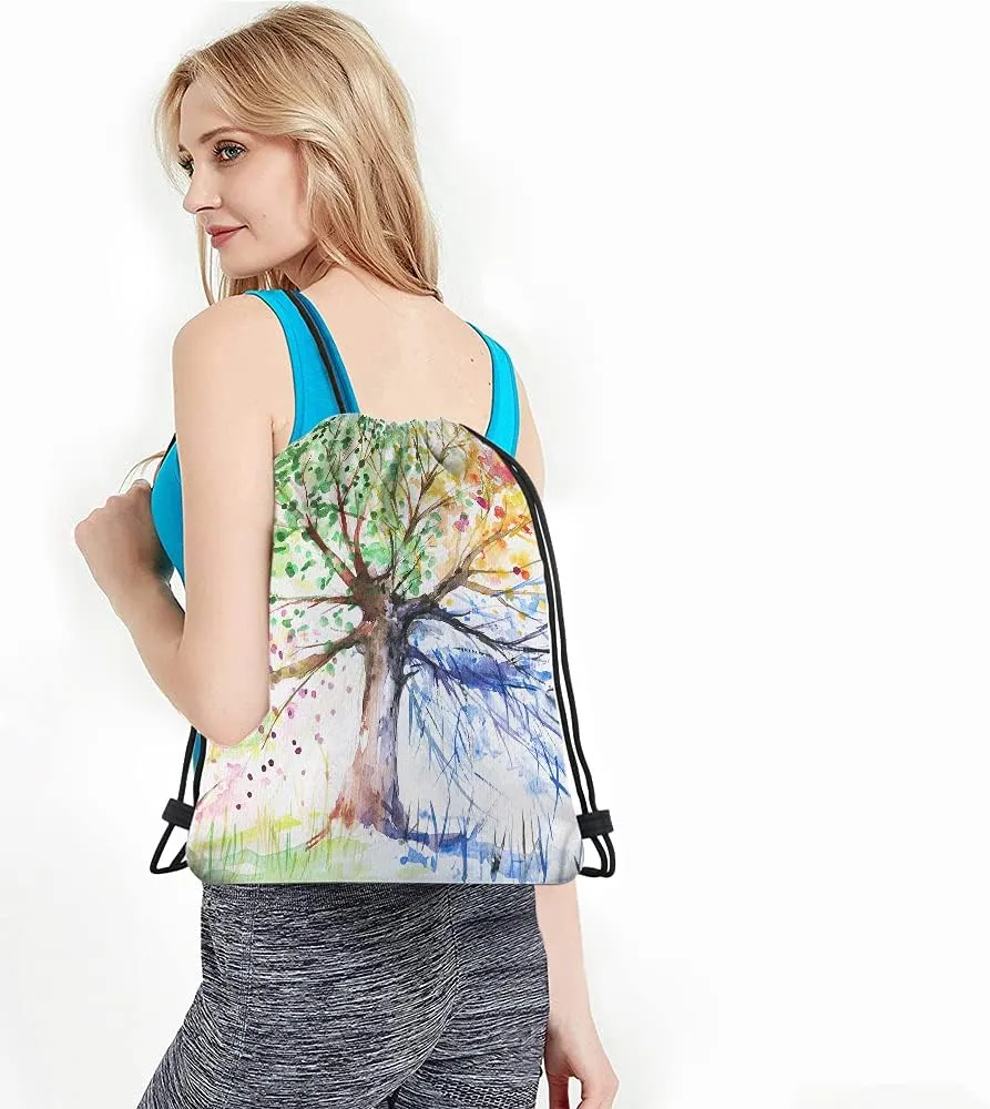 Four Season Tree Drawstring Bags Backpack Bag Colorful Tree Of Life Beautiful Art Big Branch Leaves Nature Sport Gym Sack Drawstring Bag String Bag Yoga Bag for Men Women