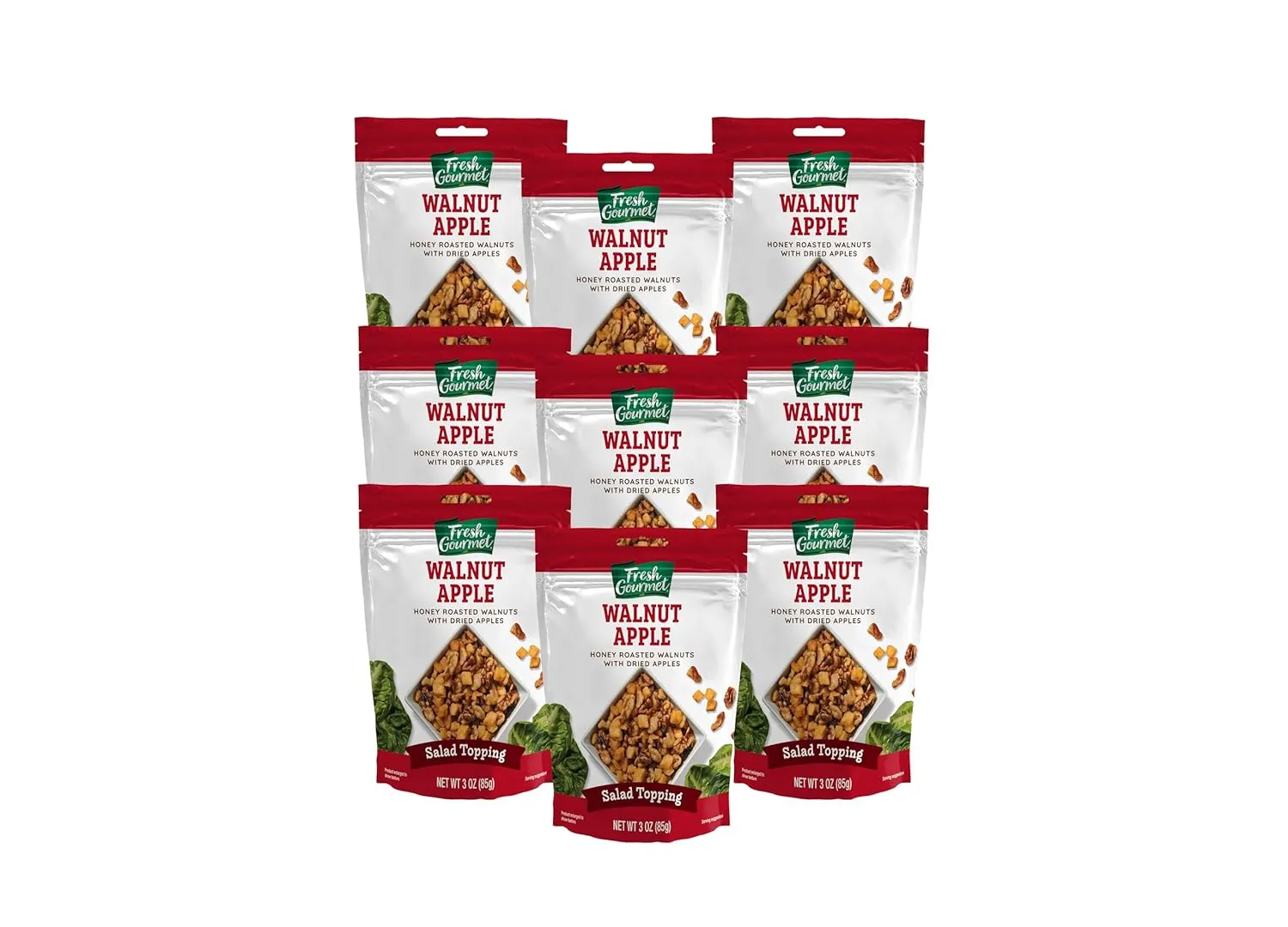 Fresh Gourmet Walnut Apple Salad Topping, 3oz, 9-Pack – Crunchy & Sweet Topping for Salads, Oatmeal, Yogurt, Bowls & More – Resealable Bag for Freshness