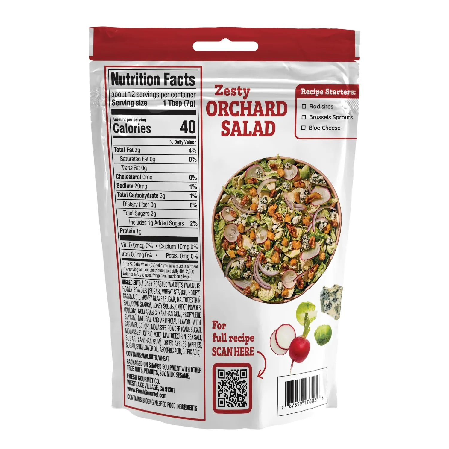 Fresh Gourmet Walnut Apple Salad Topping, 3oz, 9-Pack – Crunchy & Sweet Topping for Salads, Oatmeal, Yogurt, Bowls & More – Resealable Bag for Freshness