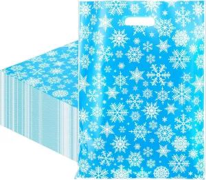 Frienda 100 Pcs Christmas Plastic Gift Bags Bulk 12 x 15 Inch Gold Snowflake Goodie Xmas Treat Bags with Handle for Small Business Shopping Christmas Party Favor Holiday Gift Supplies