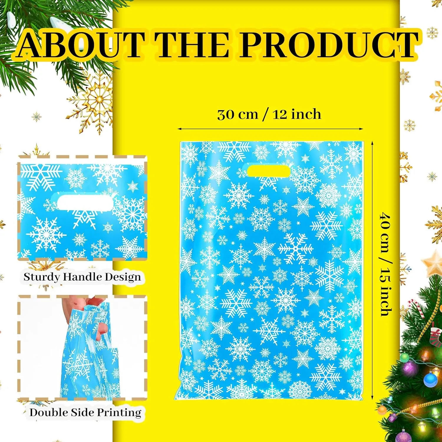 Frienda 100 Pcs Christmas Plastic Gift Bags Bulk 12 x 15 Inch Gold Snowflake Goodie Xmas Treat Bags with Handle for Small Business Shopping Christmas Party Favor Holiday Gift Supplies