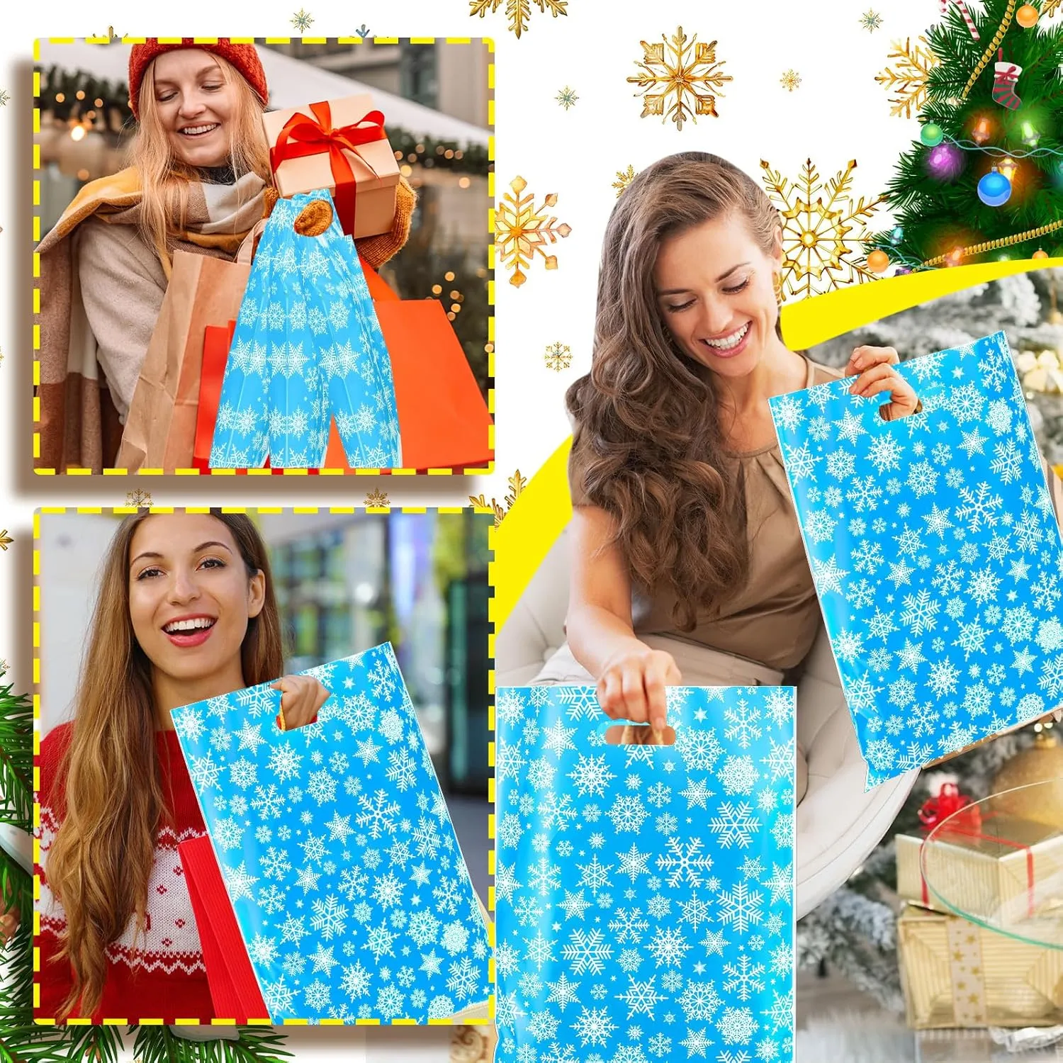 Frienda 100 Pcs Christmas Plastic Gift Bags Bulk 12 x 15 Inch Gold Snowflake Goodie Xmas Treat Bags with Handle for Small Business Shopping Christmas Party Favor Holiday Gift Supplies
