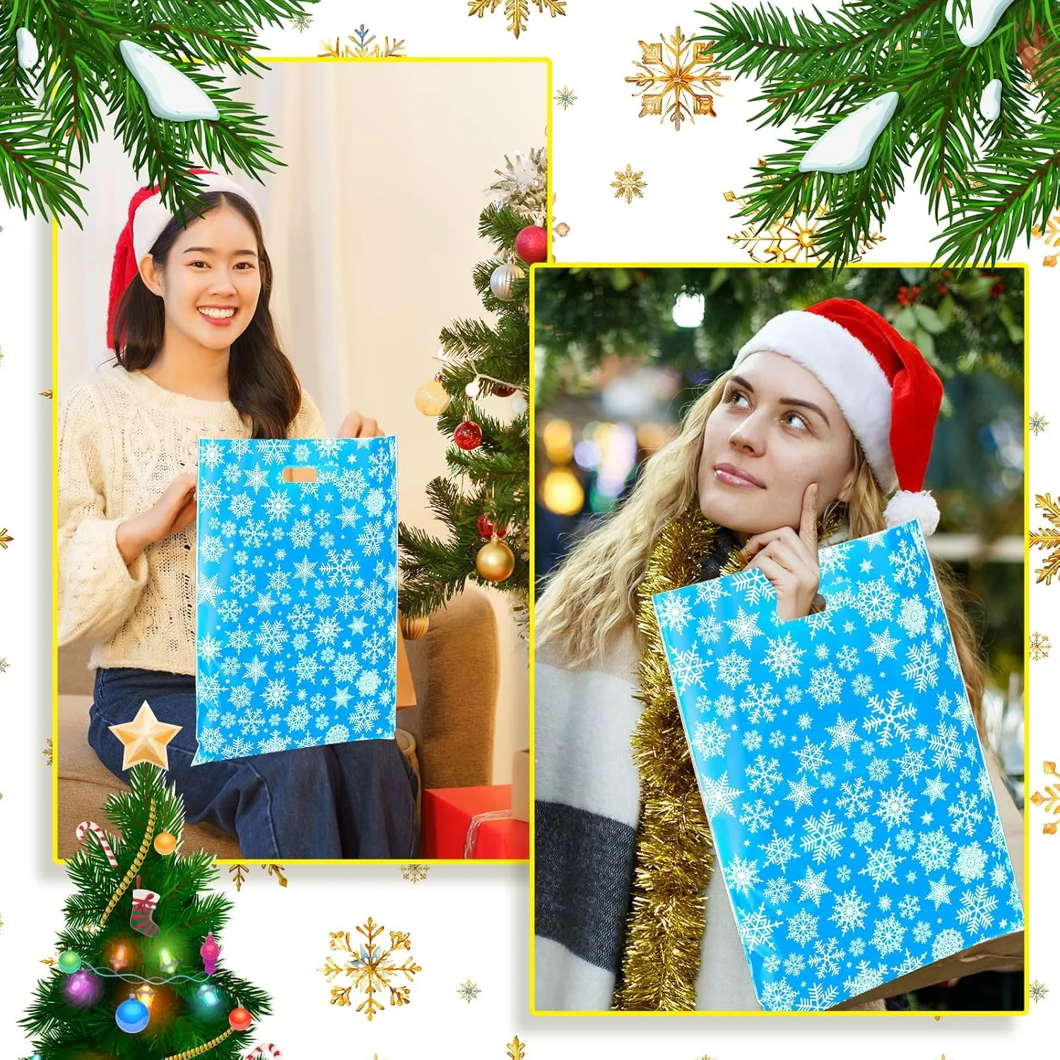 Frienda 100 Pcs Christmas Plastic Gift Bags Bulk 12 x 15 Inch Gold Snowflake Goodie Xmas Treat Bags with Handle for Small Business Shopping Christmas Party Favor Holiday Gift Supplies