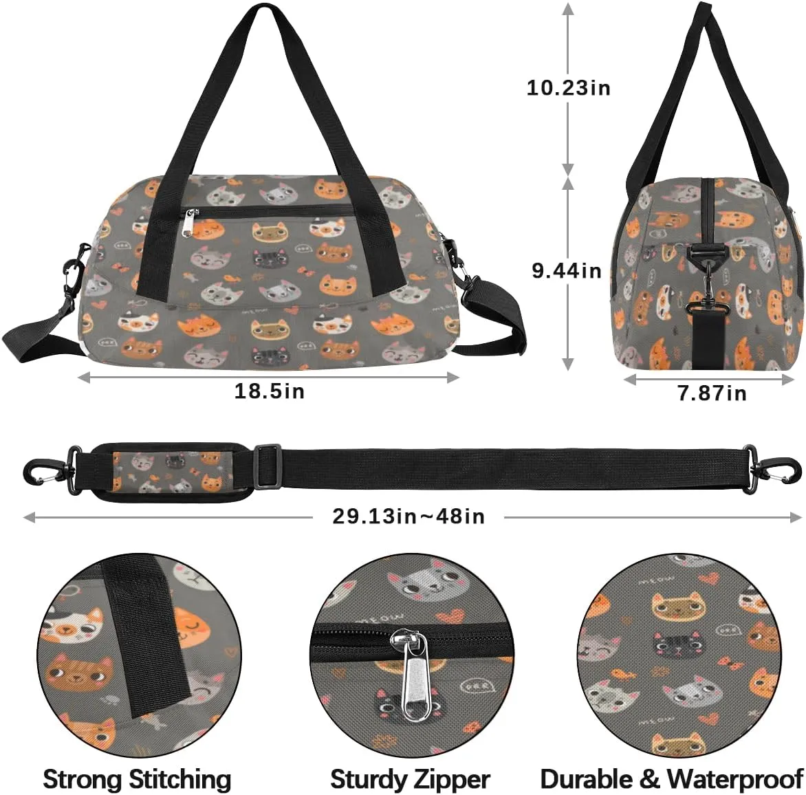 Funny Cute Cats Gym Bag, Duffle Bag, Weekender Bag, Duffel Bag, Overnight Bag, Travel Duffel Bag, Dance Bag, Tote Bag, Beach Bag, Pool Bag, Gym Duffle Bag, Carry on Bag