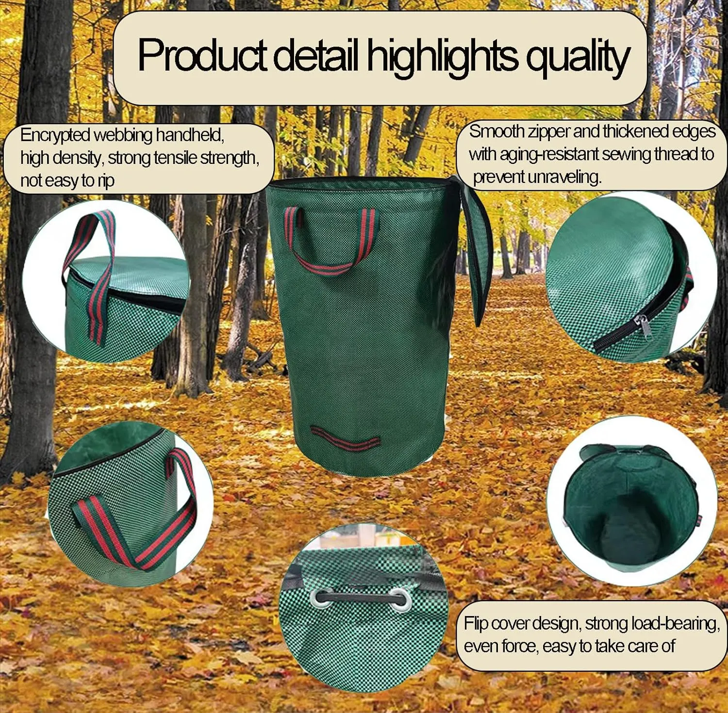 Garden Bags for Leaves, Leaf Bags Reusable Zippered Top with Yard Leaf Collector Bag Heavy Duty with 4 Handles Garden Leaf Bag Leaf Collector Come with Gloves (132Gallon)