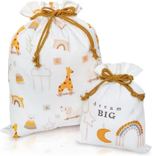 Gather & Knot Drawstring Gift Bags | 20" Large 12" Small | Premium Canvas | Reusable Fabric Wrap for Baby Shower, Neutral Gender Reveal, Kid Birthday | Boho Toy