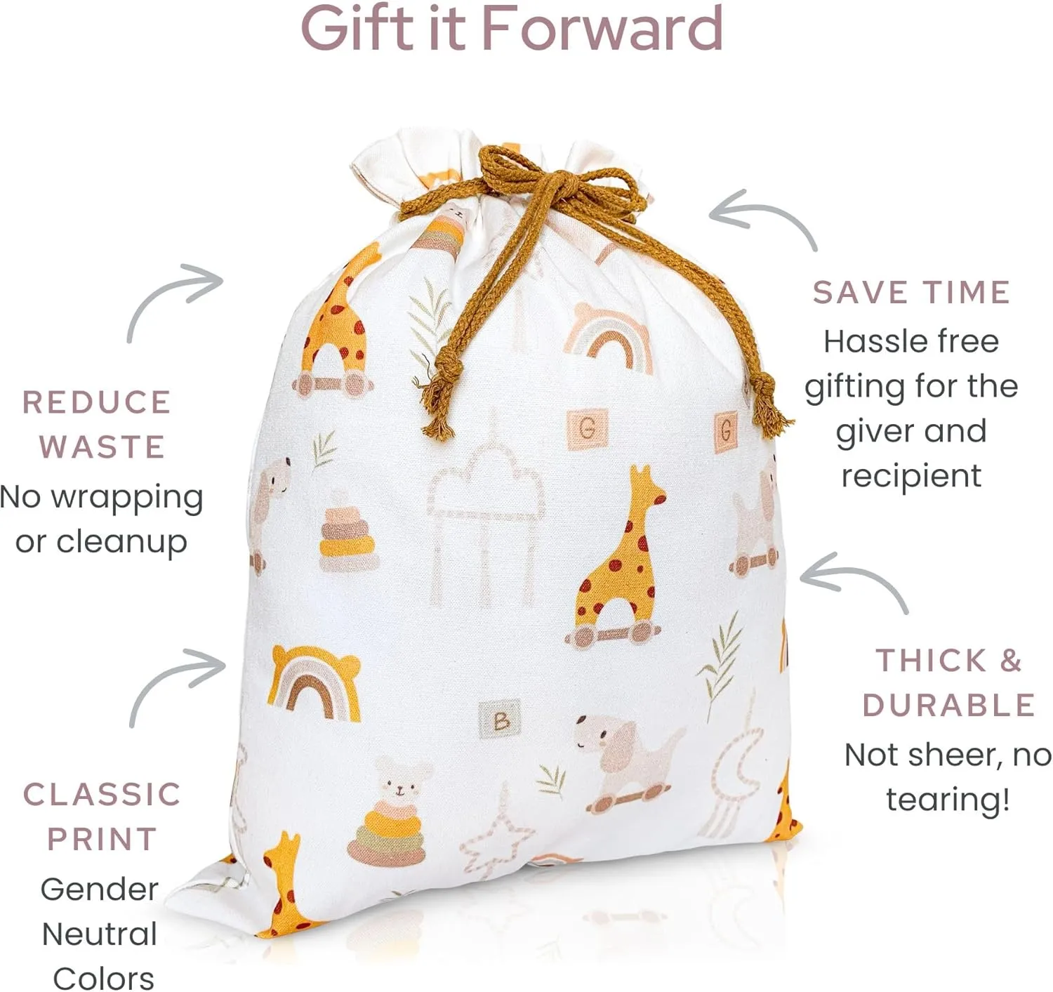 Gather & Knot Drawstring Gift Bags | 20" Large 12" Small | Premium Canvas | Reusable Fabric Wrap for Baby Shower, Neutral Gender Reveal, Kid Birthday | Boho Toy