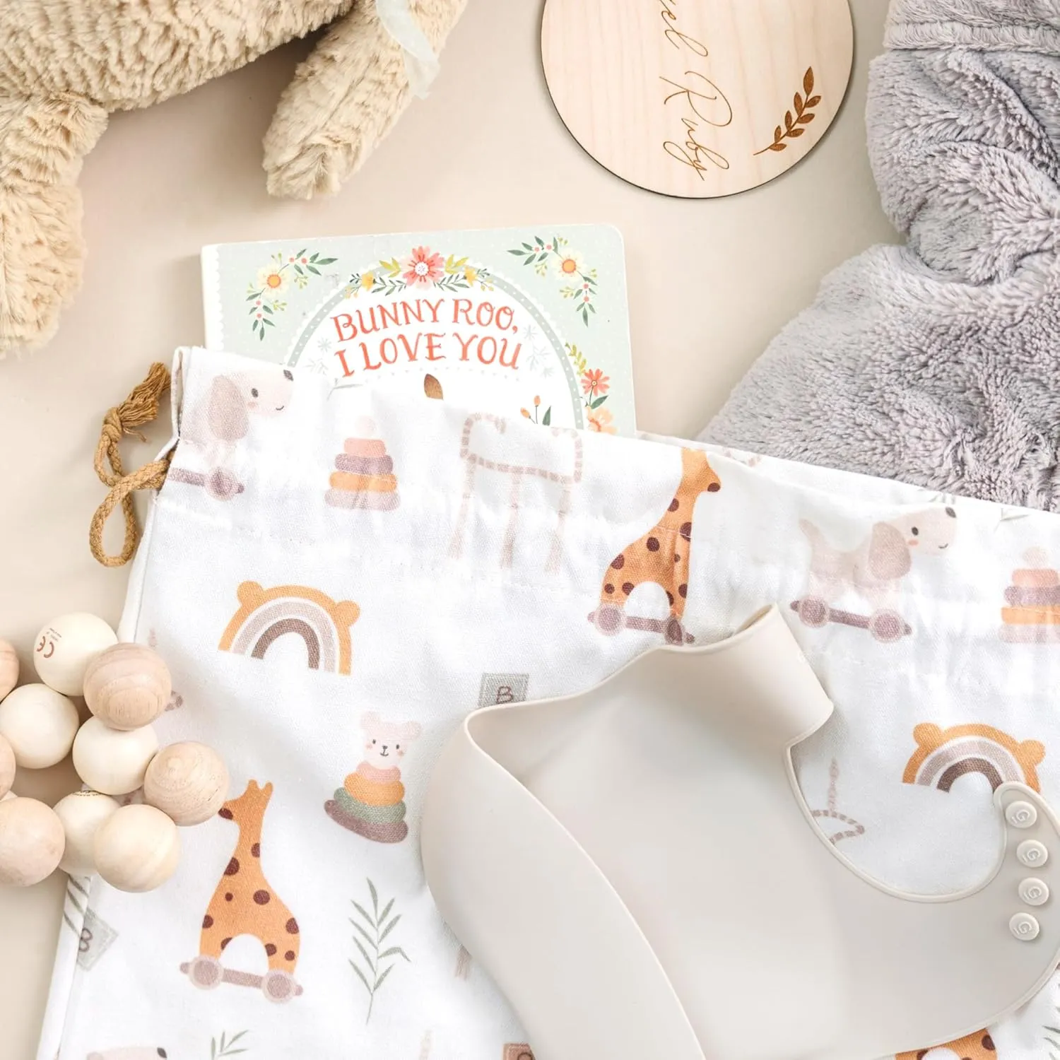 Gather & Knot Drawstring Gift Bags | 20" Large 12" Small | Premium Canvas | Reusable Fabric Wrap for Baby Shower, Neutral Gender Reveal, Kid Birthday | Boho Toy