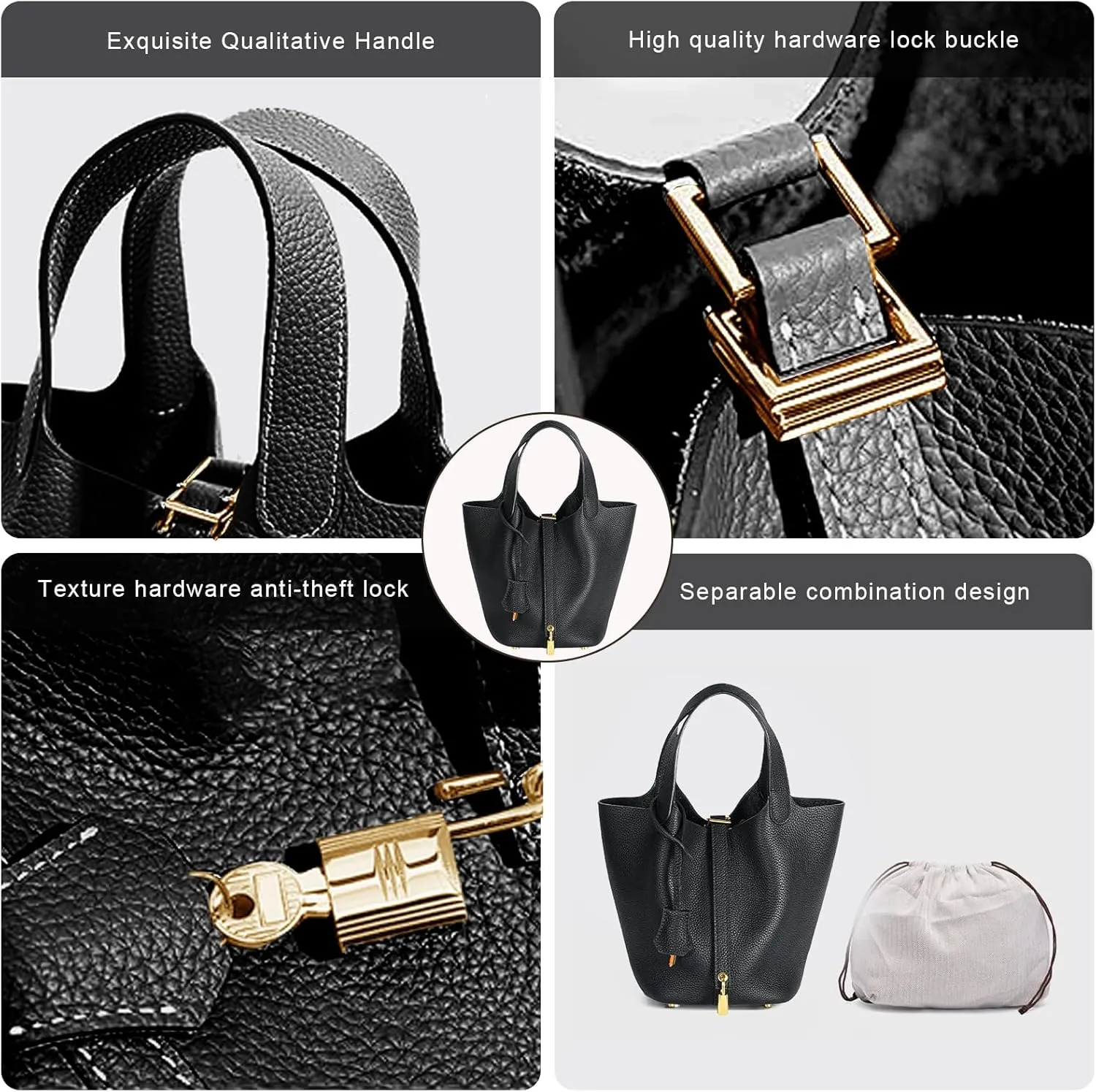 Genuine Leather Bucket Bag for Women, Lock Design Handbags Vegetable Basket, Shoulder Handbag Satchel Purses