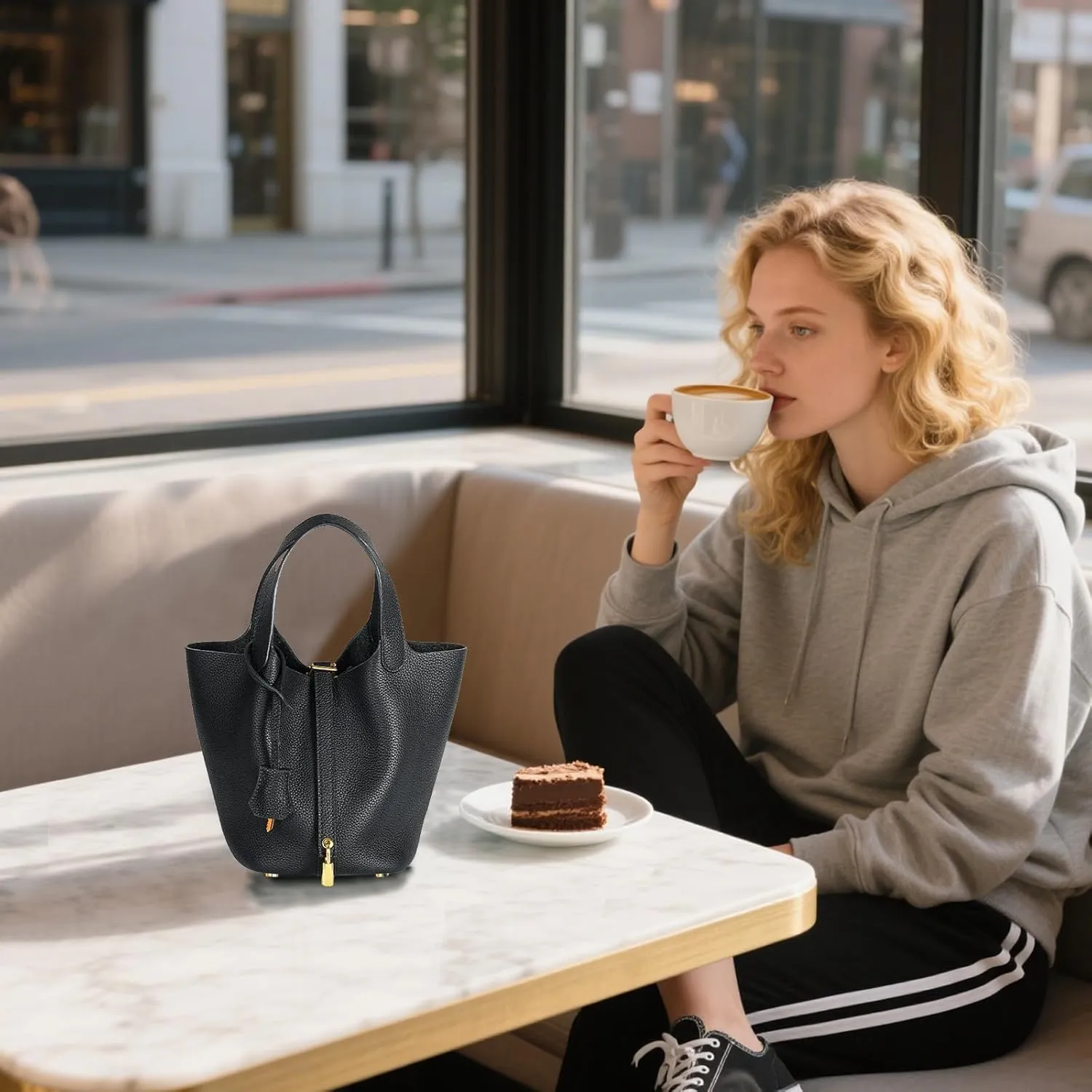 Genuine Leather Bucket Bag for Women, Lock Design Handbags Vegetable Basket, Shoulder Handbag Satchel Purses