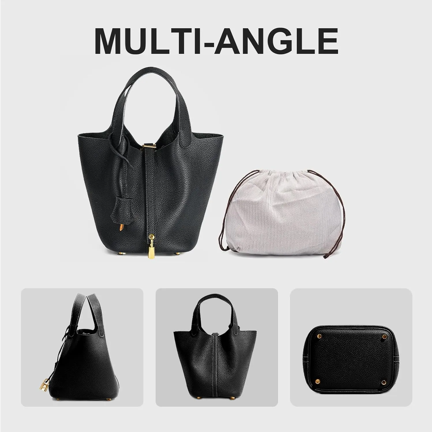 Genuine Leather Bucket Bag for Women, Lock Design Handbags Vegetable Basket, Shoulder Handbag Satchel Purses