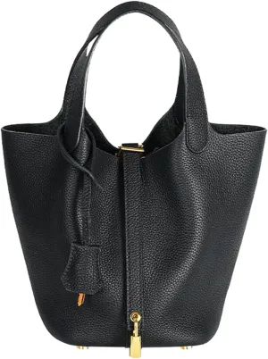 Genuine Leather Bucket Bag for Women, Lock Design Handbags Vegetable Basket, Shoulder Handbag Satchel Purses
