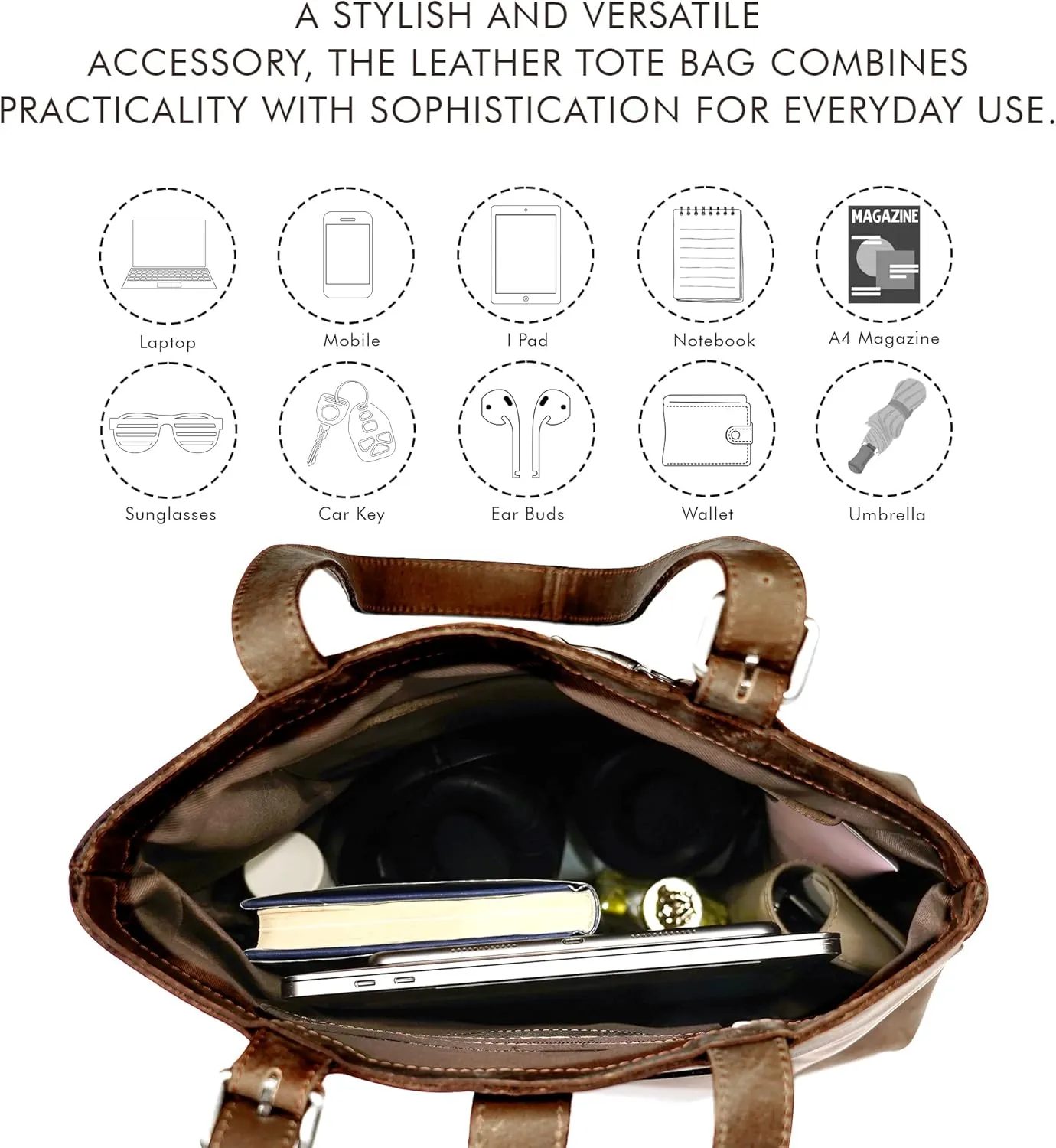 Genuine Leather Tote Bags for Women, Laptop Handbags, Women's Shoulder Bag, For Office, Travel, Shopping, Adjustable Strap
