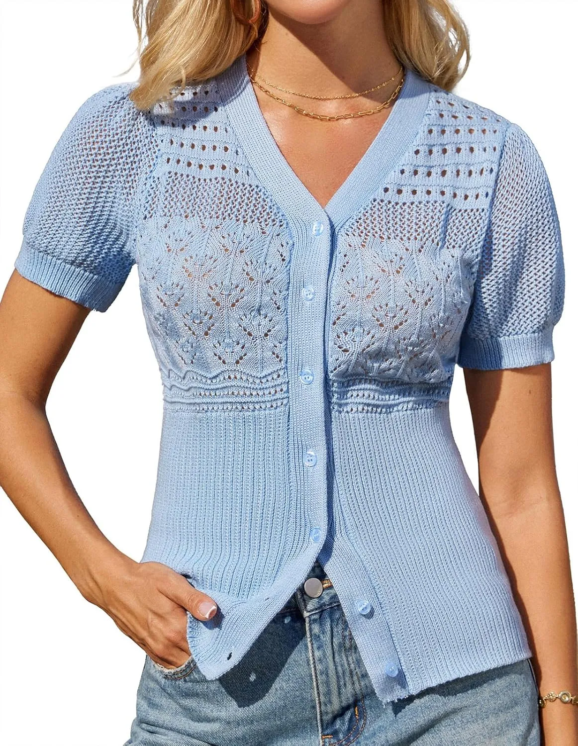 GRACE KARIN Women 2025 Short Sleeve Cardigan Sweater Lightweight Crochet Shrug Puff Sleeve Button Hollowed-Out Knit Tops