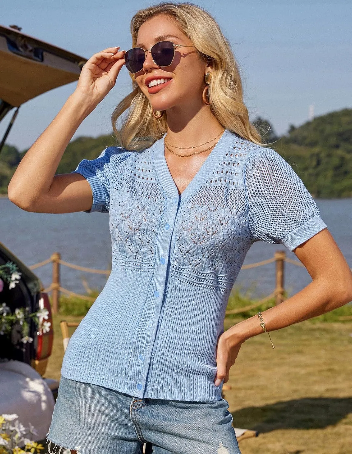 GRACE KARIN Women 2025 Short Sleeve Cardigan Sweater Lightweight Crochet Shrug Puff Sleeve Button Hollowed-Out Knit Tops
