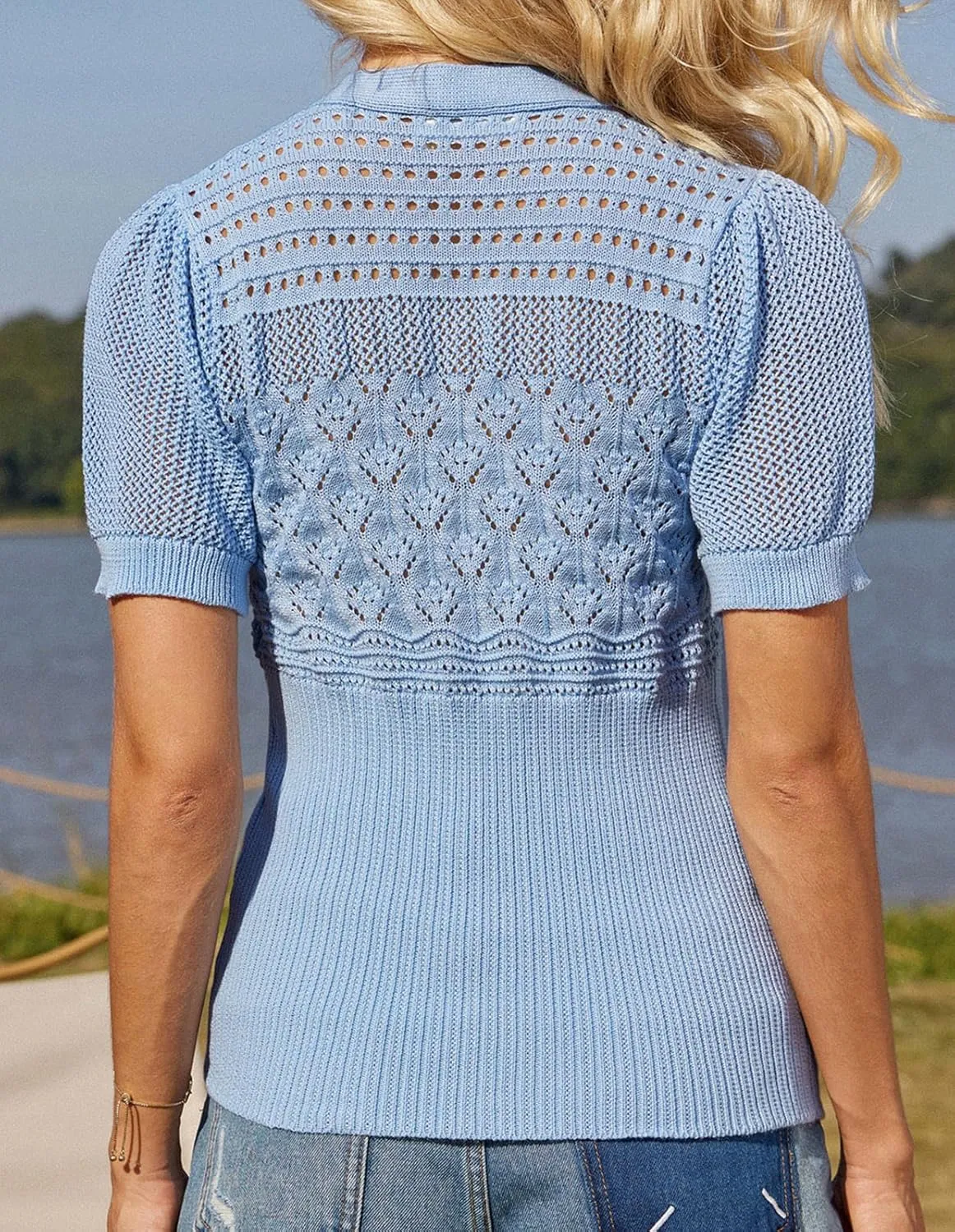 GRACE KARIN Women 2025 Short Sleeve Cardigan Sweater Lightweight Crochet Shrug Puff Sleeve Button Hollowed-Out Knit Tops