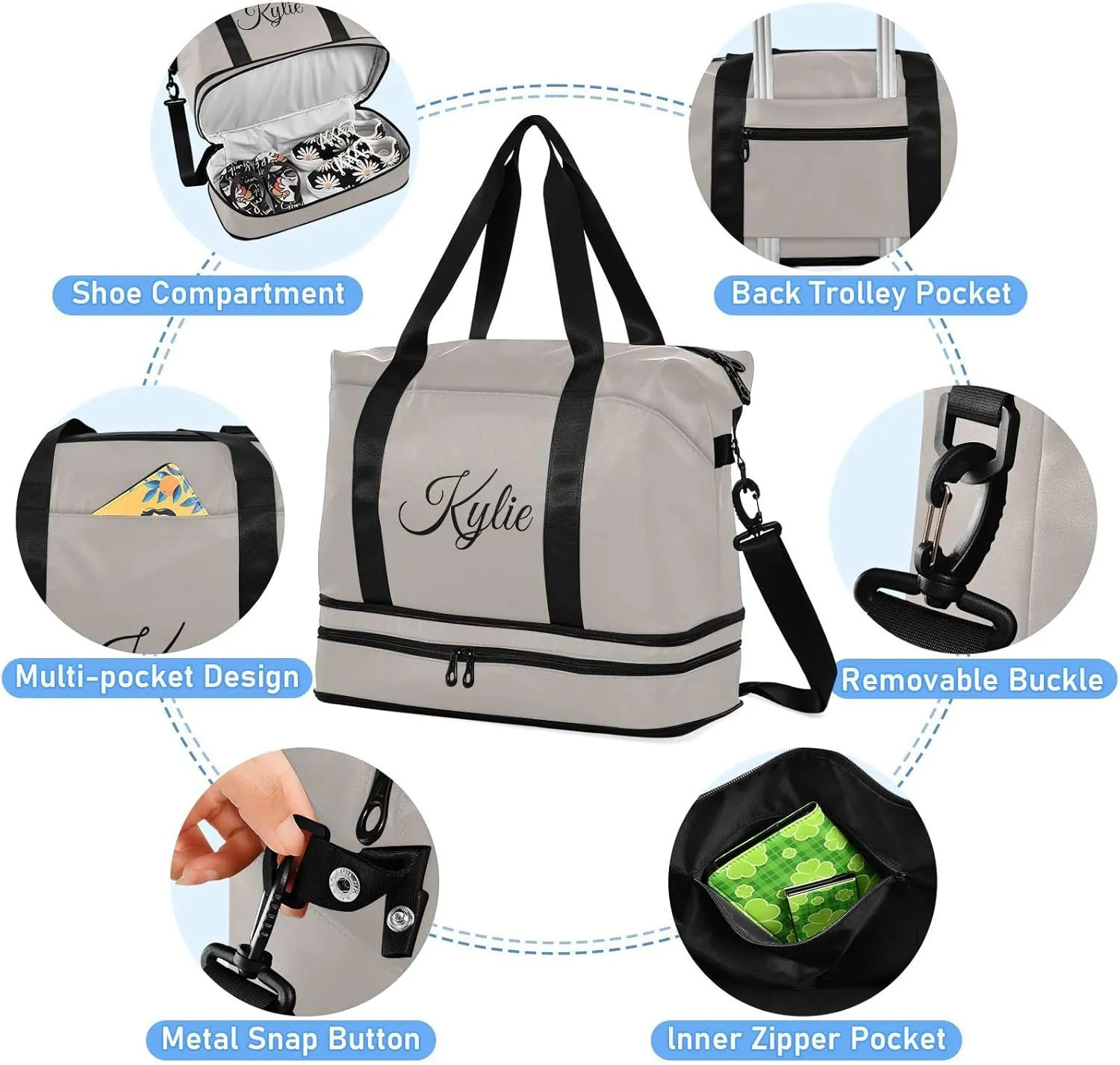 Gray Custom Gym Duffel for Women Men - Personalized With Shoe Compartment, Weekender Carry On for Travel, Yoga, School, Sport - Overnight Bag