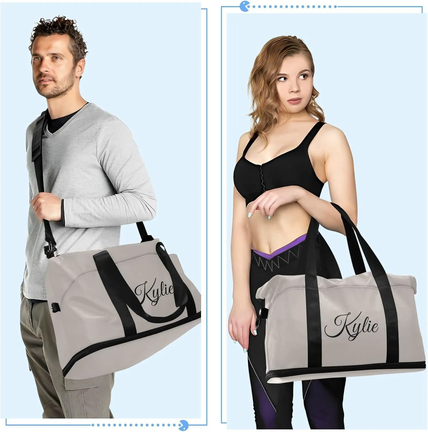 Gray Custom Gym Duffel for Women Men - Personalized With Shoe Compartment, Weekender Carry On for Travel, Yoga, School, Sport - Overnight Bag