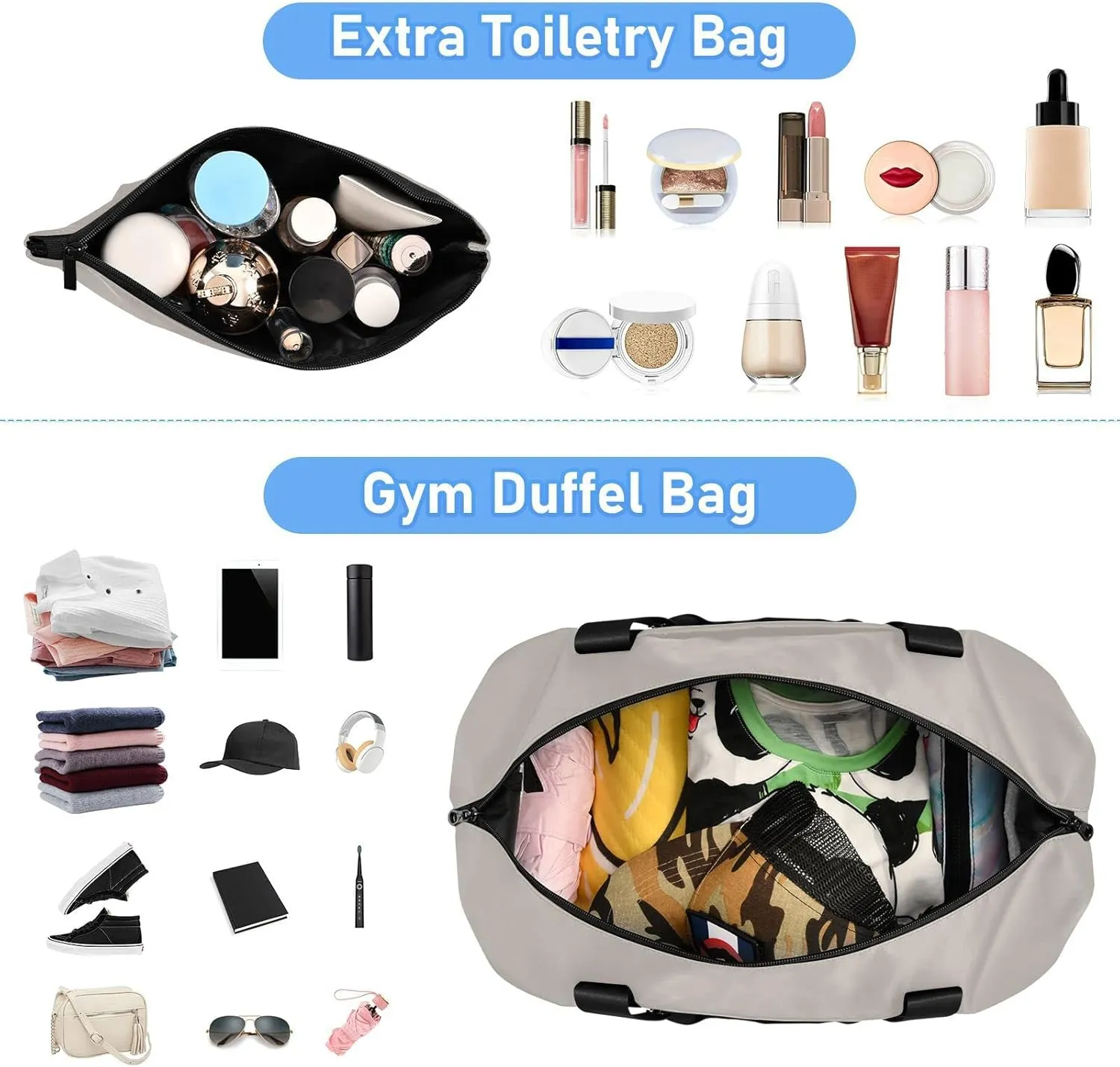 Gray Custom Gym Duffel for Women Men - Personalized With Shoe Compartment, Weekender Carry On for Travel, Yoga, School, Sport - Overnight Bag