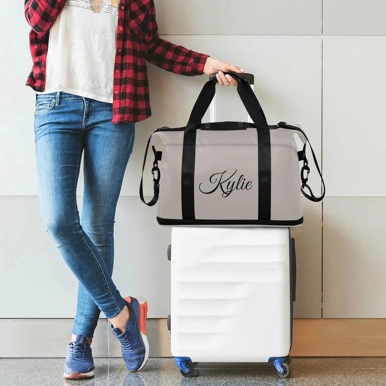 Gray Custom Gym Duffel for Women Men - Personalized With Shoe Compartment, Weekender Carry On for Travel, Yoga, School, Sport - Overnight Bag