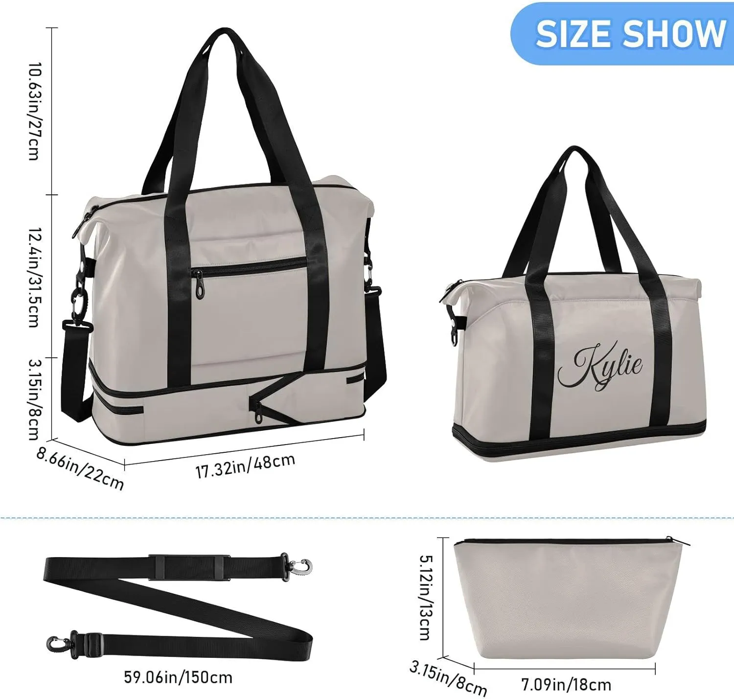 Gray Custom Gym Duffel for Women Men - Personalized With Shoe Compartment, Weekender Carry On for Travel, Yoga, School, Sport - Overnight Bag