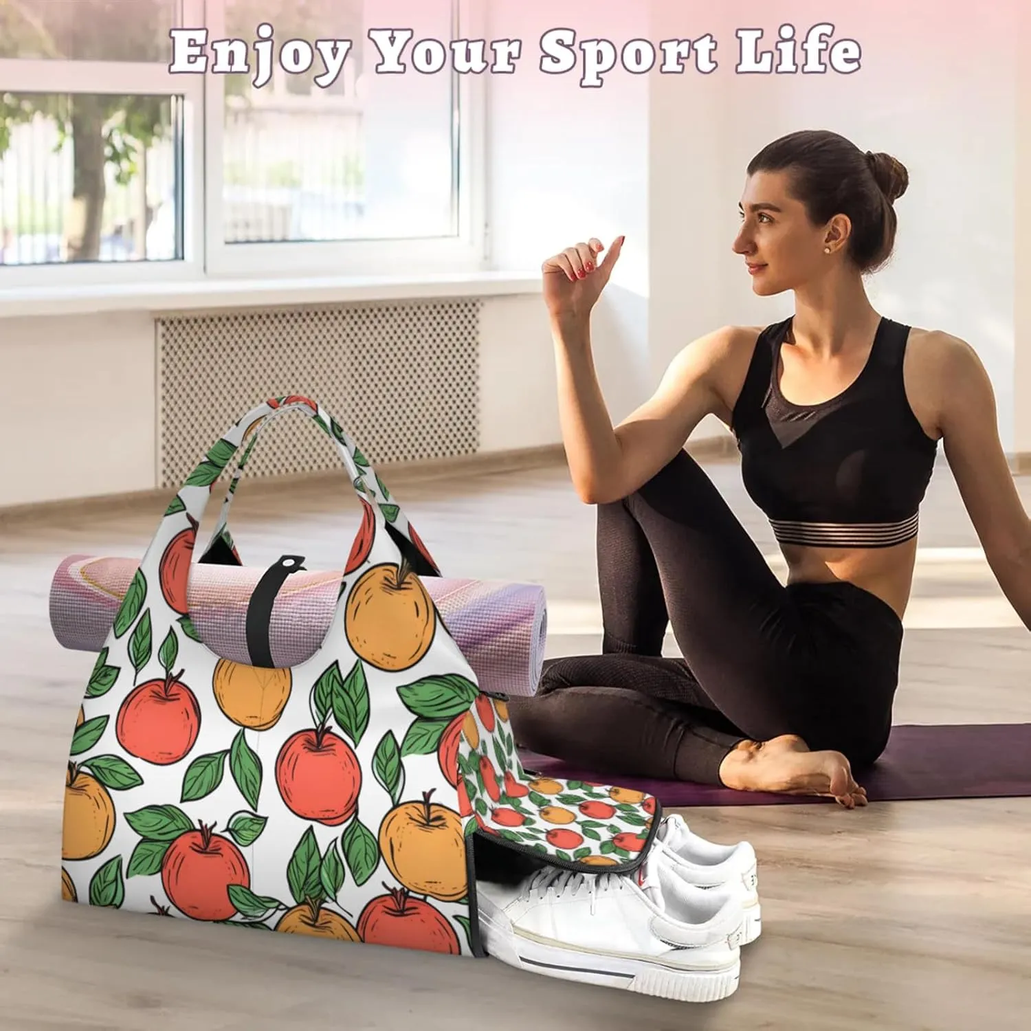 Green Fruit Gym Bag Yoga Mat Tote for Women with Shoes Compartment Lightweight Duffle Travel Carrier Wet Dry Storage Pockets Adjustable Pilates Mats Shoulder Bags for Sport Swim