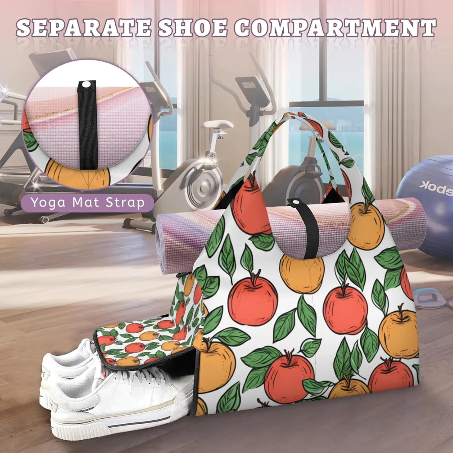 Green Fruit Gym Bag Yoga Mat Tote for Women with Shoes Compartment Lightweight Duffle Travel Carrier Wet Dry Storage Pockets Adjustable Pilates Mats Shoulder Bags for Sport Swim