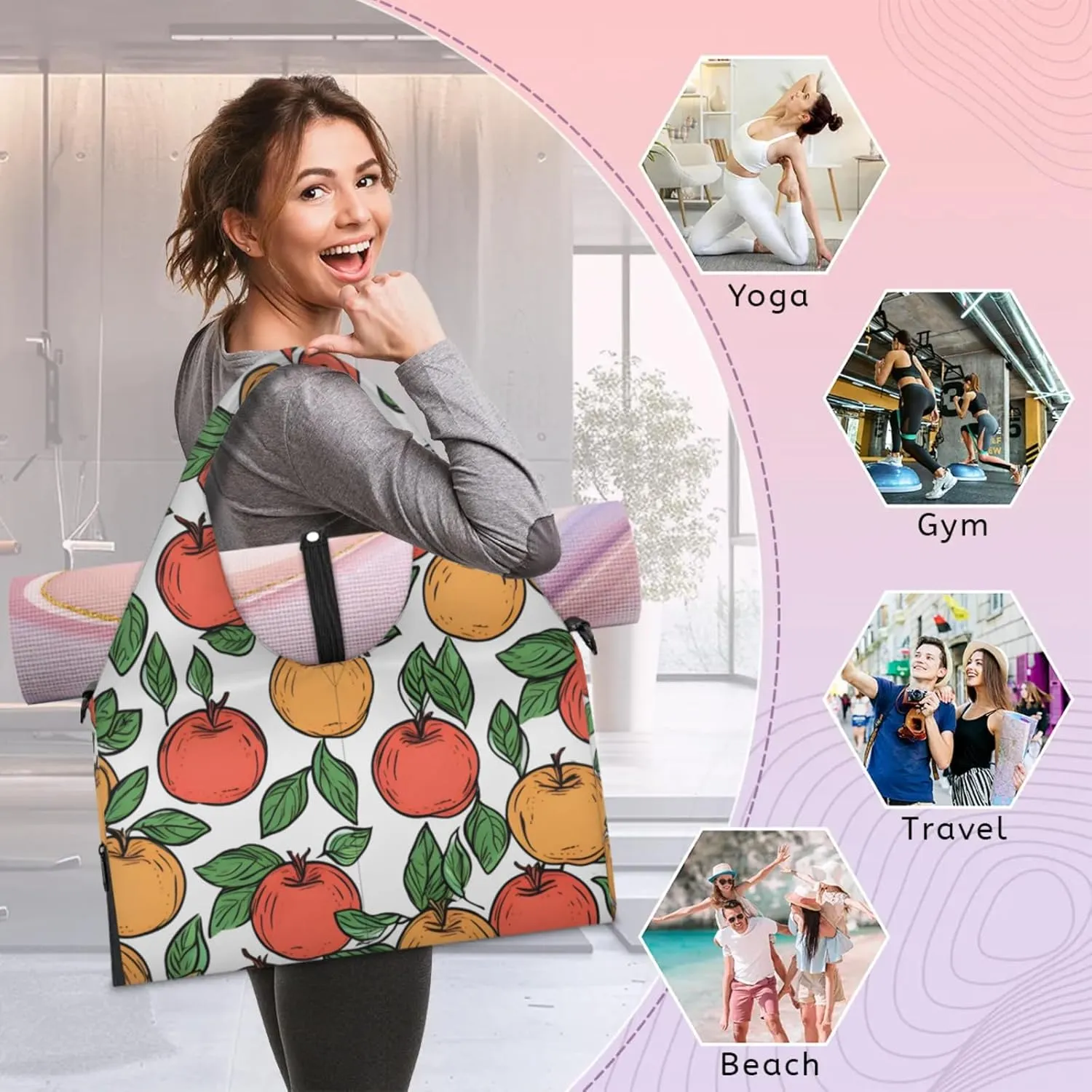 Green Fruit Gym Bag Yoga Mat Tote for Women with Shoes Compartment Lightweight Duffle Travel Carrier Wet Dry Storage Pockets Adjustable Pilates Mats Shoulder Bags for Sport Swim