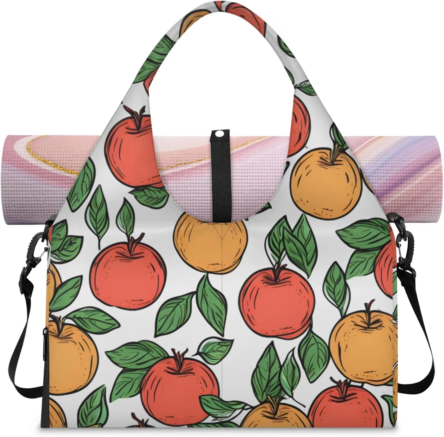 Green Fruit Gym Bag Yoga Mat Tote for Women with Shoes Compartment Lightweight Duffle Travel Carrier Wet Dry Storage Pockets Adjustable Pilates Mats Shoulder Bags for Sport Swim