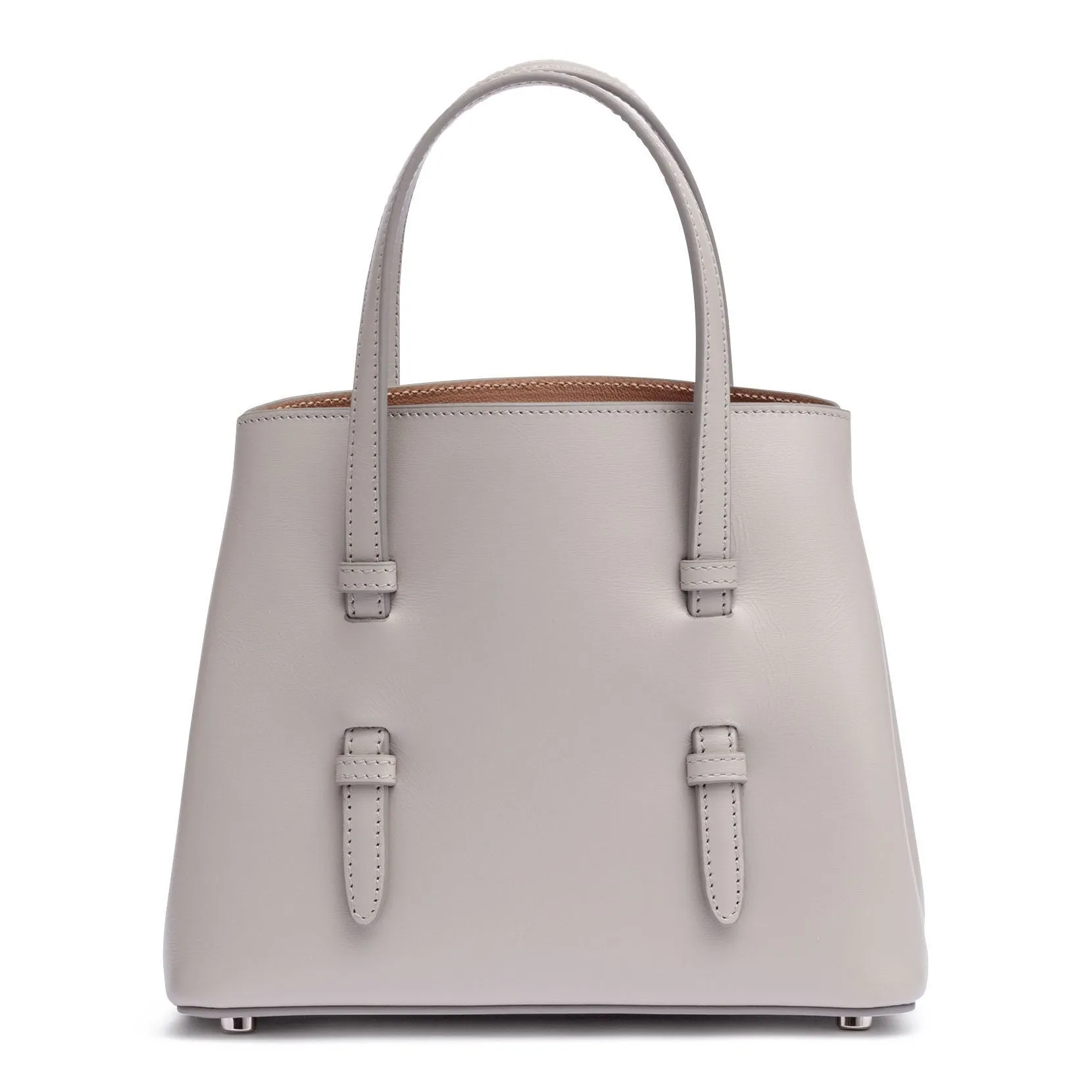Grey leather mini tote with studded floral strap